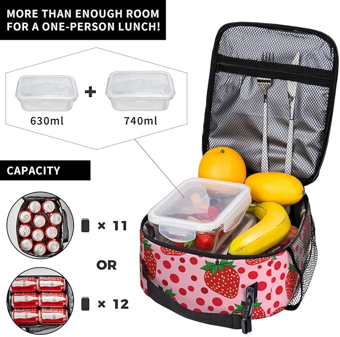 Strawberry Lunch Box for Adults Women Girls Boys Kids Pink Lunch Box Insulated Cooler Reusable Lunch Bag Container Gifts for Work Office Picnic Travel School