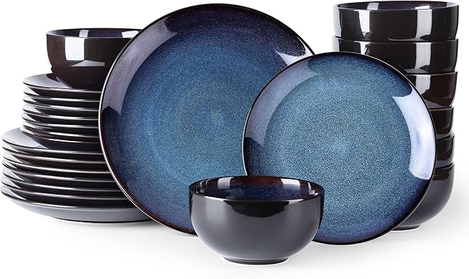 LERATIO Ceramic Dinnerware Sets for 8,Stoneware Plates and Bowls Sets,Handmade Reactive Glaze Dishes Set,Chip Resistant and Scratch Resistant | Oven&Dishwasher & Microwave Safe-Blue(24PCS)