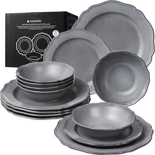 Navaris Scandi Style Porcelain Dinnerware Set - Ceramic Crockery Sets for 6 - Stackable Dishes with Dinner and Salad Plates Cereal Bowls - Dishwasher & Microwave Safe - 18pcs Grey