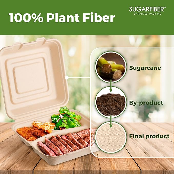 [200 COUNT]Harvest Pack 10 X 10" Compostable Clamshell Take Out Food Containers, 3 Compartment Clamshell Heavy-Duty Hinged Container, Disposable Divided Bagasse Eco-Friendly Natural to go Box