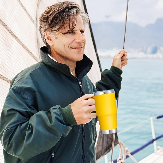 20 oz Stainless Steel Tumbler with Handle Bulk Metal Insulated Tumblers Travel Coffee Mug with Handle Double Wall Tumbler Cup with Lid and Straw, Yellow 6 Pack