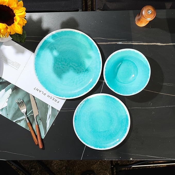 Melamine Dinnerware Sets 12 Pcs, Melamine Plates and Bowls,Party Plates and Bowls Sets, Camping Dishes Set for 4, Unbreakable, BPA Free, Dishwasher Safe （Lake Green）