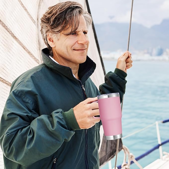 20 oz Stainless Steel Tumbler with Handle Metal Insulated Coffee Travel Mug with Handle Double Wall Tumbler Cup with Handle and Lid, Pink 1 Pack