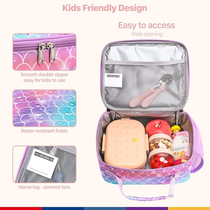 Bagseri Kids Lunch Bag Girls - Kids Lunch Box for Girls Reusable Insulated Lunch Bag with Water Bottle Holder Toddler Lunch Box for Daycare and School, Purple Mermaid Tail (Water Bottle Not Included)