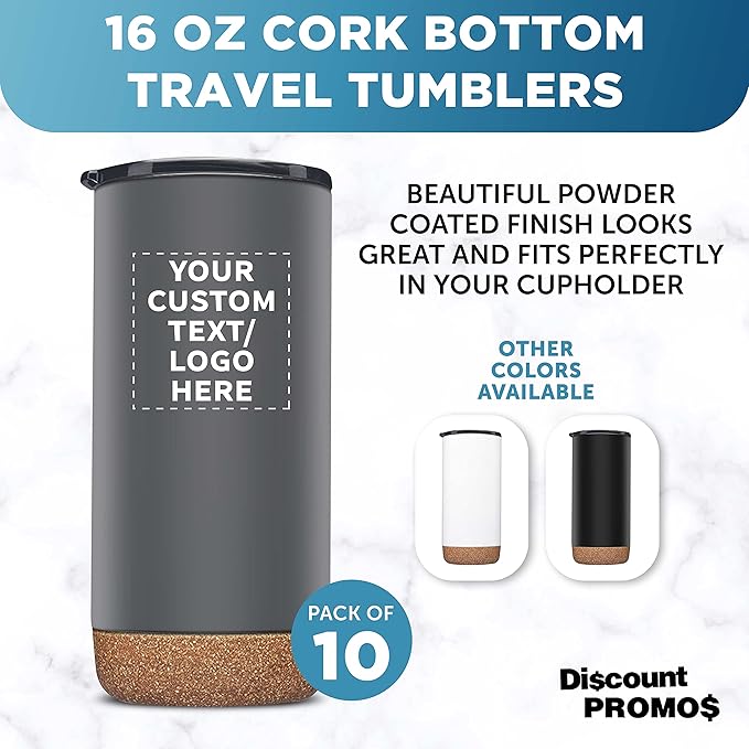 Custom Travel Tumblers with Cork Bottom 16 oz. Set of 10, Personalized Bulk Pack - Double Wall Insulated, Matte Finish, Perfect for Iced Coffee, Soda, Other Beverages - Grey