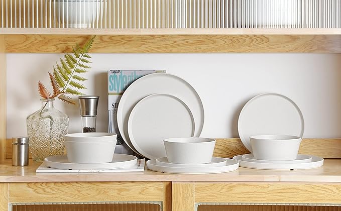 FINE&NICE 12PCS Melamine Dinnerware Sets, Outdoor Dinnerware Sets for 4,Durable Camper Dinerware,Lightweight, Dishwasher Safe and BPA Free(Spotty White)