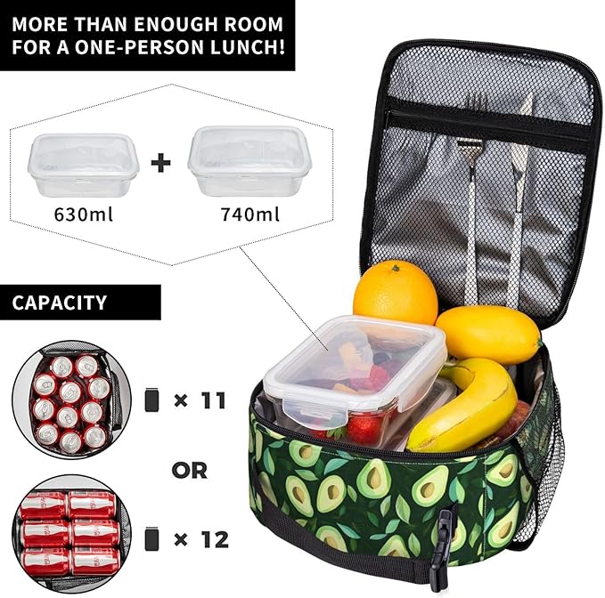 Avocado and Leaf Lunch Box for Teen Kids, Cartoon Reusable Thermal Lunchbag, Picnic, School, Hiking, Fishing, Fruit Insulated Tote Cooler Bags for Adults Women Decor Gifts, Summer Theme