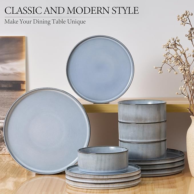 E-far 12-Piece Plates and Bowls Sets, Stoneware Dinnerware Dishes Sets for 4, Kitchen Modern Dining Dishware, Chip & Scratch Resistant, Microwave & Dishwasher Safe, Dusty Blue