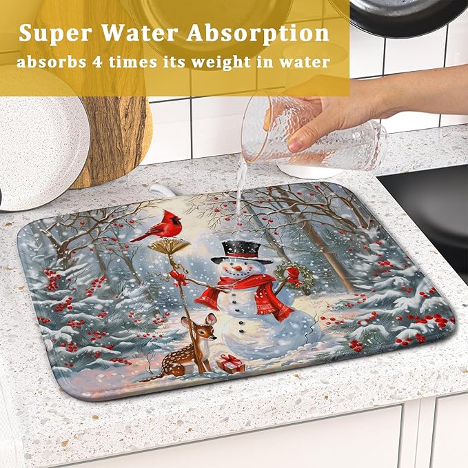 Winter Snowman Dish Drying Mat for Kitchen Counter Red Bird Berry Dishes Drainer Mats Holiday Microfiber Absorbent Dish Rack Pad 16x18 Inch