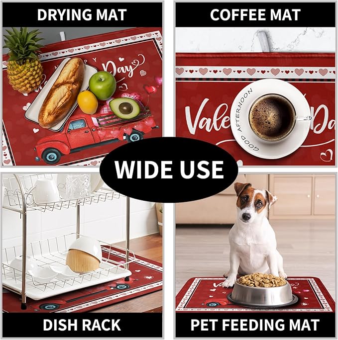 Valentine Red Truck Love Heart Dish Drying Mat 16x18 Inch Happy Valentine's Day Drying Mat for Kitchen Counter Microfiber Dish Drainer Mats Absorbent Dish Rack Pad for Home Coffee Bar Sinks