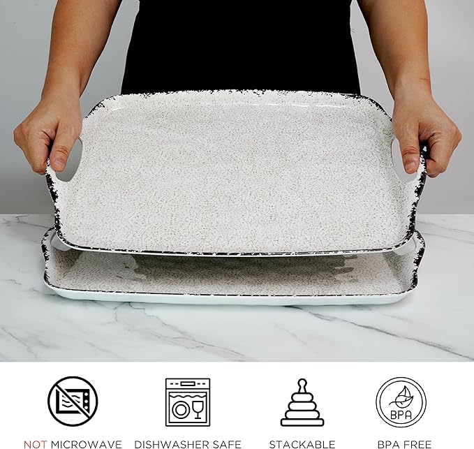 TP Serving Trays with Handles, 17 Inch Large Rectangular Melamine Serving Platter Set of 2, Rustic White