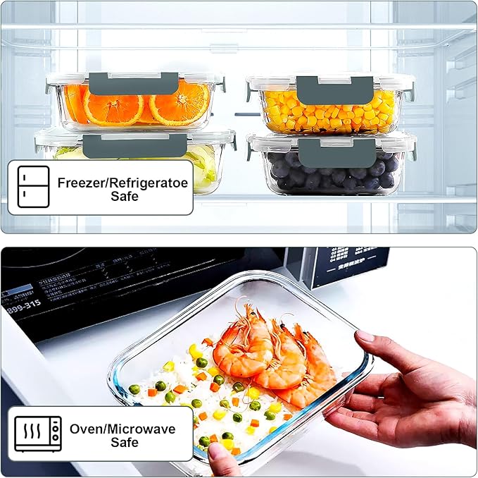 VERONES 10 Pack Glass Meal Prep Containers, Airtight Glass Lunch Containers, Stackable Glass Food Storage Containers Set with Lids,Exclusive of BPA,for Microwave, Oven, Freezer & Dishwasher,Grey