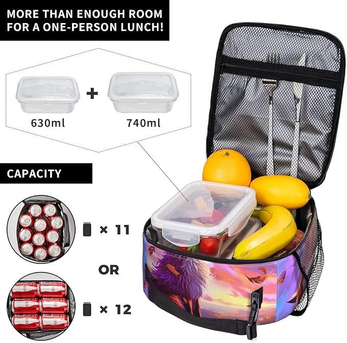 Stunning Sunset Fox Lunch Box for Women Girls Kids, Insulated Cooler Lunch Bag with Fall Leaf for School, Picnic, Office, Travel, Work, Portable Reusable Polyester Thermal Tote Lunch Bags