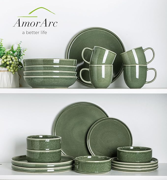 AmorArc Ceramic Dinnerware Sets, Handmade Reactive Glaze Stoneware Plates and Bowls Sets,Highly Chip and Crack Resistant | Dishwasher & Microwave Safe Dishes Set, Service for 6 (18pc)