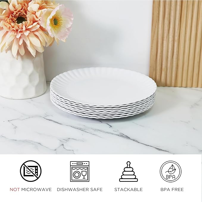 TP 8 inch Plates Set of 8, Melamine Round Plates for Salad Appetizer Dinner Lunch, Dessert Dishes for Indoors and Outdoors, White