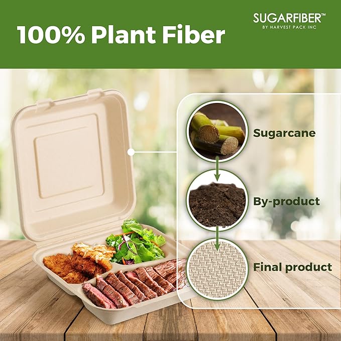 [200 COUNT]Sugarfiber by Harvest Pack PFAS FREE 9 X 9" 3 Compartment Compostable Clamshell Takeout Food Containers, Heavy-Duty Hinged, Disposable Bagasse Eco-Friendly Natural Sugarcane to go Box