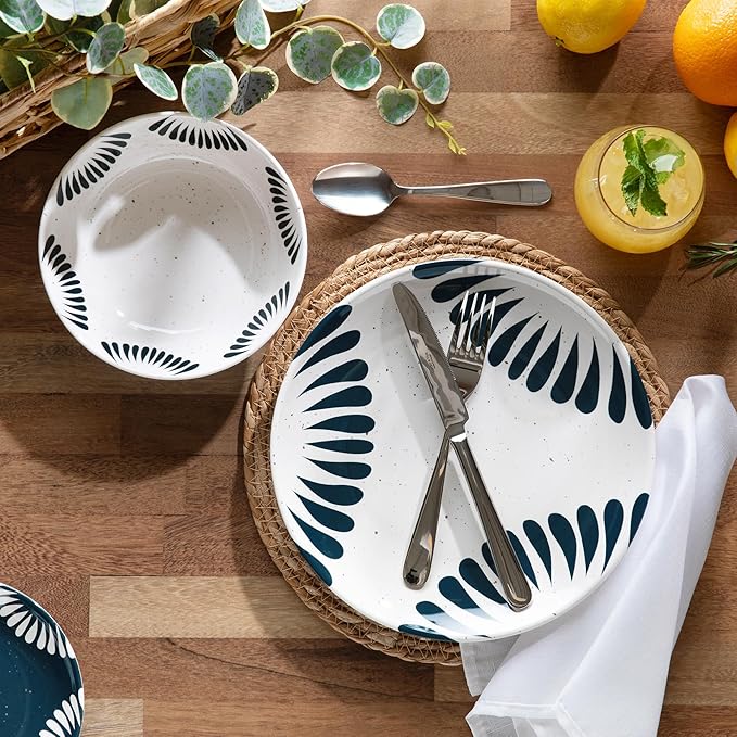 Larder & Vine 12-Piece Melamine Dinnerware Set: Durable, Lightweight, Break-Resistant Plates & Bowls – Stylish, Non-Toxic, Dishwasher Safe – Ideal for Everyday Use, Indoor & Outdoor Dining – Nautical