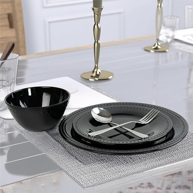 Black Melamine Dinnerware Set of 12 Pcs, BPA Free Dishes Set, Plates and Bowls Sets for Indoor Outdoor Dining on the Beach, RV, Camping Use,Lightweight Unbreakable Dishwasher Safe