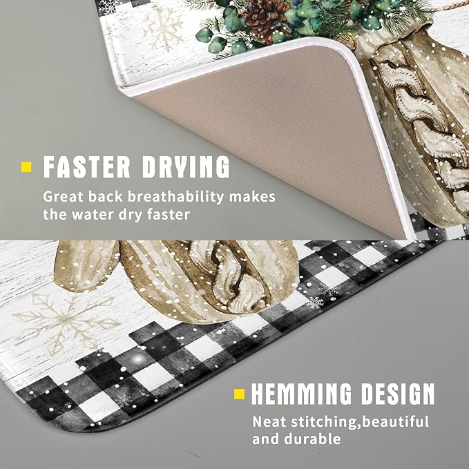 Christmas Dish Drying Mat for Counter 16'' X 18'', Black Buffalo Plaid Snowflake Gloves Dish Drainer Mats Medium Absorbent Fast Dry Microfiber Rack Pads Kitchen Accessories