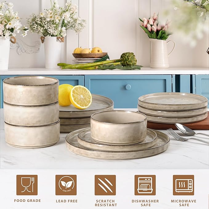 LIANYU Dinnerware with Pasta Bowls Set for 4, 16 Piece Stoneware Dish Ding Ware, Dinner Tableware Sets Includes Dinner Salad Plates, Cereal Salad Bowls, Chip & Scratch Resistant, Sandy Beige