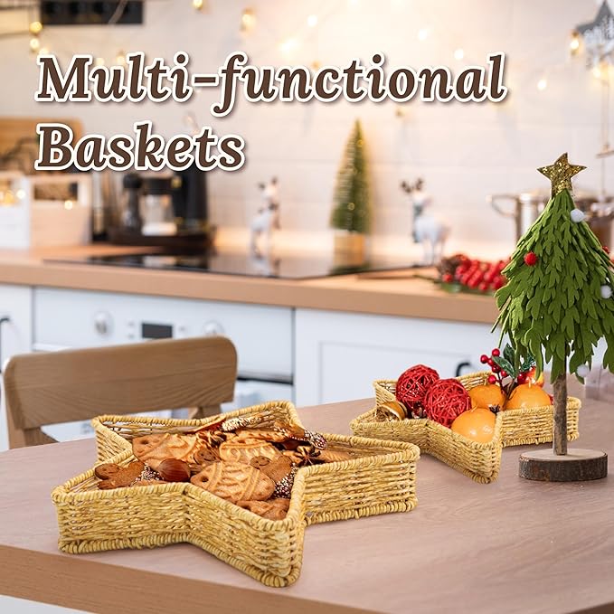 Star Wicker Basket, Star Shaped Plate, Holiday Appetizer Tray, Christmas Serving Dishes and Platters, Oat Milk, Resin Wicker Set of 2
