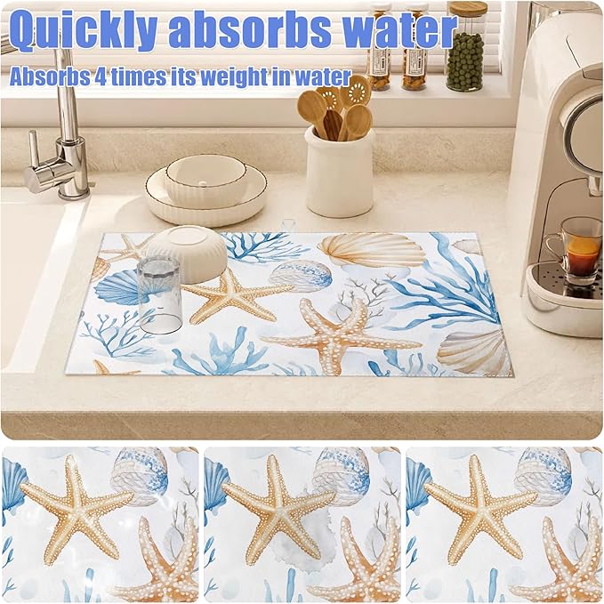 Beach Seashell Starfish Dish Drying Mat for Kitchen Counter Nautical Coastal Drying Pad Absorbent Reversible Dish Drainer Rack Mats Draining Pad