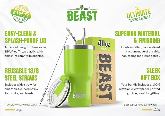 Beast 40 oz Tumbler Stainless Steel Vacuum Insulated Coffee Ice Cup Double Wall Travel Flask (Lemongrass Green)