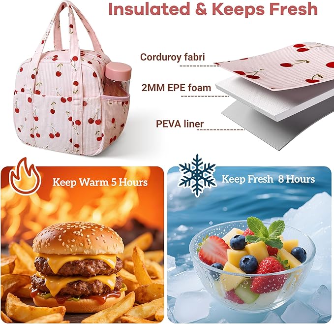 Yarnic Corduroy Lunch Bag Women Men Insulated, Large Lunch Box for Work with Bottle Pockets, Stylish Reusable Cooler Tote for Adults Teachers Picnic Hiking (Cherry Bow)