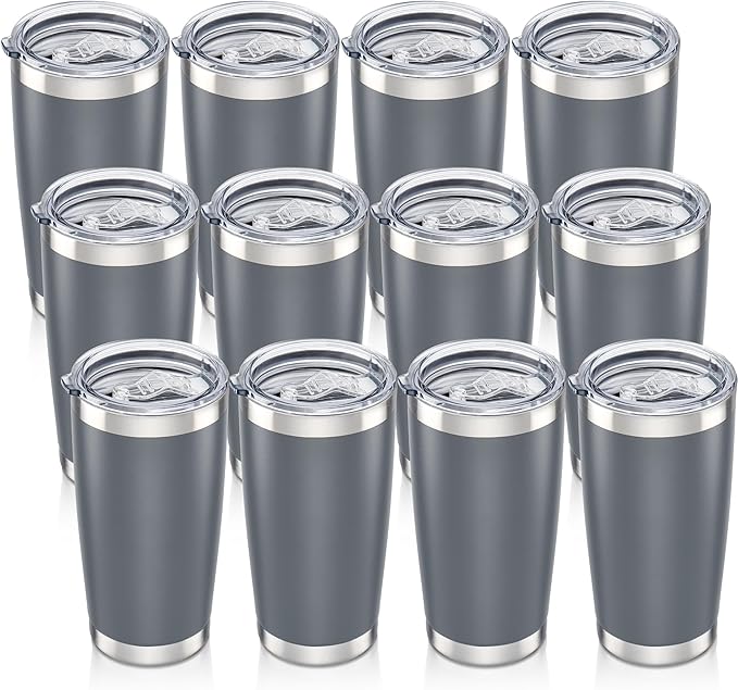 20 oz Tumbler with Lid Stainless Steel Insulated Tumblers Bulk Double Wall Vacuum Cups Powder Coated Travel Mug Keep Drinks Cold and Hot, Grey, 12 Pack