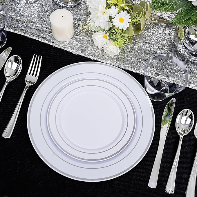 bUCLA 600pcs Silver Plastic Dinnerware Set for 100 Guests - Silver Christmas Dinnerware Set Disposable for Party - Include 100 Dinner Plates,100 Dessert Plates,100Cups,100 Knives,100 Forks,100 Spoons