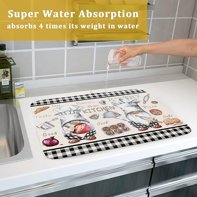 Chef Gnome Dish Drying Mats for Kitchen Counter 18x24 inch, Buffalo Plaid Cooking Utensils Absorbent Dishes Drainer Mat, Reversible Microfiber Quick Dry Rack Pad with Hanging Loop