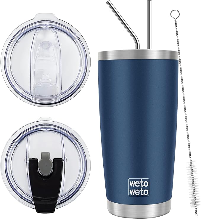 WETOWETO 20oz Tumbler with 2 lids and 2 straws, Stainless Steel Vacuum Insulated Water Coffee Tumbler Cup, Double Wall Powder Coated Spill-Proof Travel Mug Thermal Cup (Navy Blue, 1 Pack)