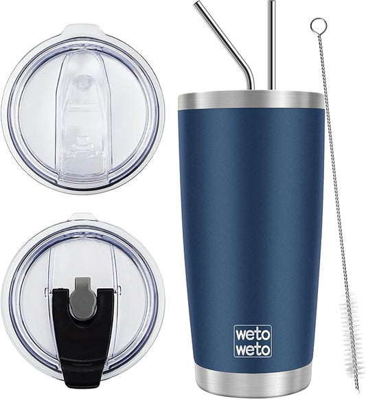 WETOWETO 20oz Tumbler with 2 lids and 2 straws, Stainless Steel Vacuum Insulated Water Coffee Tumbler Cup, Double Wall Powder Coated Spill-Proof Travel Mug Thermal Cup (Navy Blue, 1 Pack)