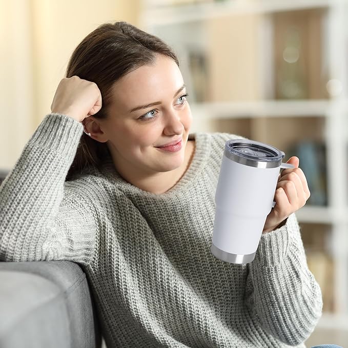 20oz Tumbler Bulk with Lid, Stainless Steel Tumbler Bulk with Handle, Metal Insulated Travel Coffee Mug Set with Handle, Double Wall Vacuum Leak Proof Tumbler Cup, White 12 Pack