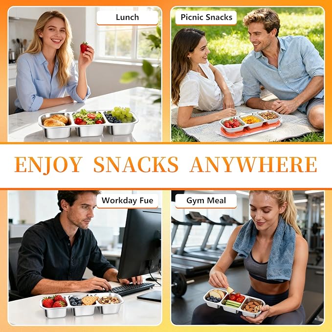 2Pack Reusable Stainless Steel Snack Containers with Leakproof Lids 3 Compartment, Stackable Metal Food Storage Lunch Boxes for Adults, Meal Prep, Travel, Office