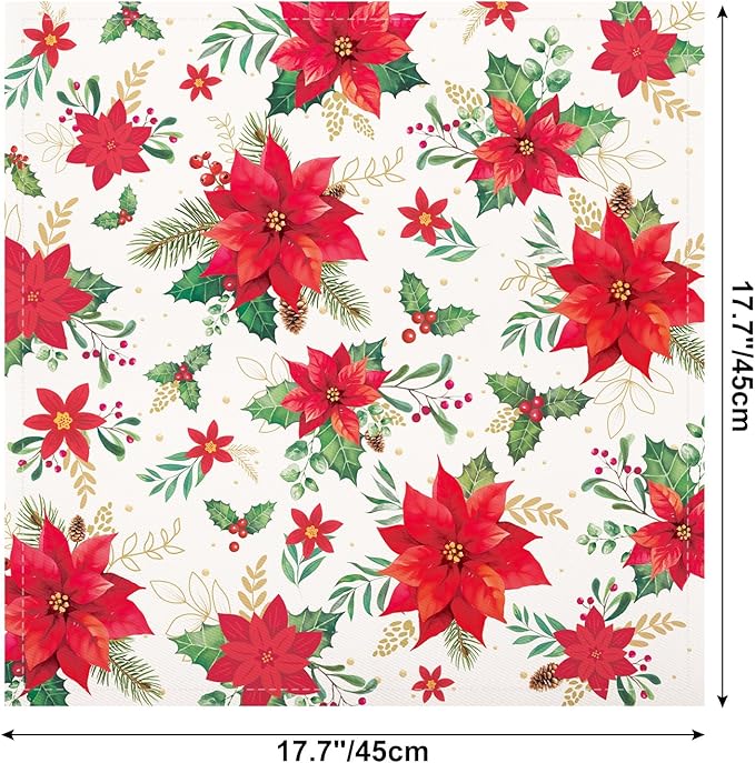 Christmas Red Flower Napkins, 18×18 Inch Dinner Cloth Napkins Set of 4, Washable Cotton Soft Absorbent Square Napkins for Dining Kitchen Party Wedding Decoration