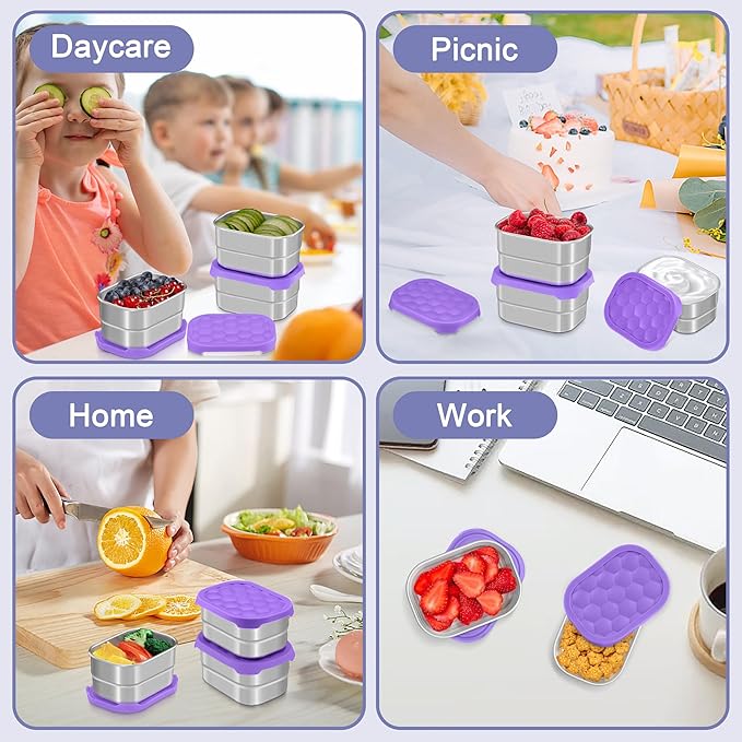 TeamFar 3 PCS Stainless Steel Snack Containers for Kids, 8oz /230ml Food Container with Easy Open Leakproof Silicone Lid, Metal Small Toddler Lunch Box for Daycare School, Healthy & Portable, Purple