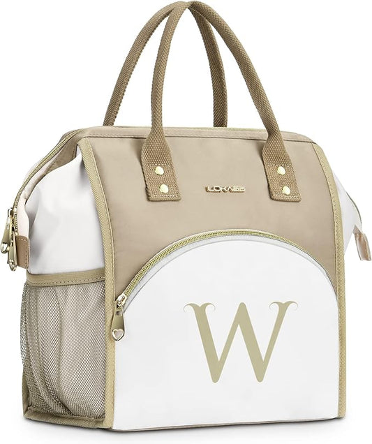 Personalized Lunch Box for Women, Reusable Insulated Lunch Bag, Wide-Open Adult Lunchbox Cooler Lunchbag Snack Organizer, Initial Leakproof Lunch Tote Bag for Picnic Work Outdoors, W