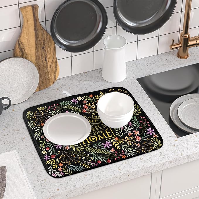 Absorbent Dish Drying Mat Colorful Flowers Microfiber Pad for Kitchen Counter Coffee Bar Decor 16" X 18"