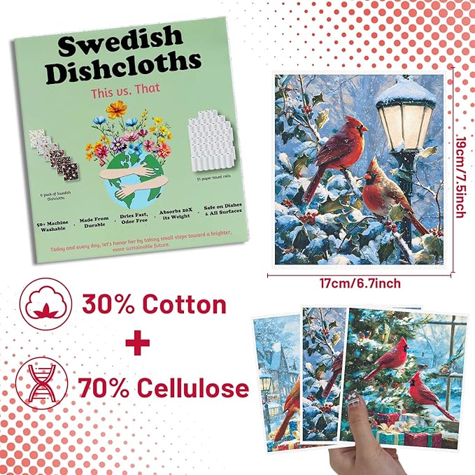 Cardinal Swedish Dishcloths for Kitchen - 6PCS Cardinal Bird Christmas Swedish Cloths for Washing Dishes, Winter Christmas Reusable Dish Towels, Xmas Washable Cleaning Sponge Gifts