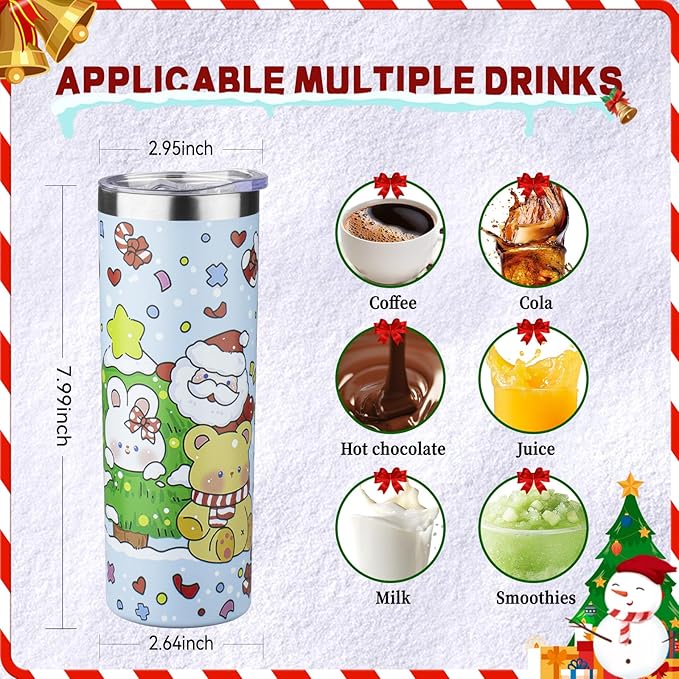 20oz Christmas Skinny Tumbler with Lid and Straw,Stainless Steel Vacuum Insulated Tumbler Cup Double Wall Travel Coffee Mug Christmas Gifts for Women Men (Santa Claus Bear,1)