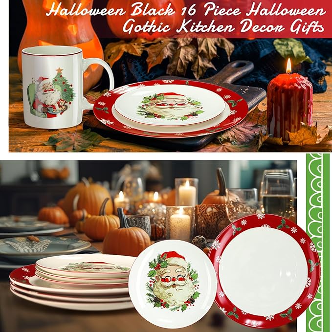 Pickmesh 16 Pcs Santa Christmas Dishes Dinnerware Set for 4 Guest Holiday Dinner Plates Ceramic Santa Claus Salad Plates Christmas Tree Bowl Mug Vintage Xmas Gift for Holiday Party Kitchen Decoration
