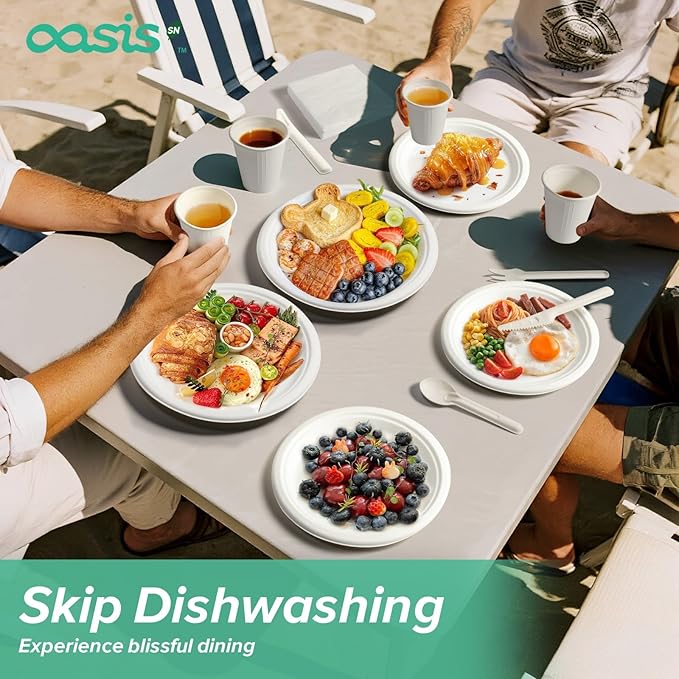 300PCS Disposable Paper Dinnerware Set for 50 Guests, Compostable 50 6“ Dessert Plates, 50 9” Plates, 50 Spoons, 50 Forks, 50 Knives and 50 Napkins, Perfect for Gatherings, Parties (White)