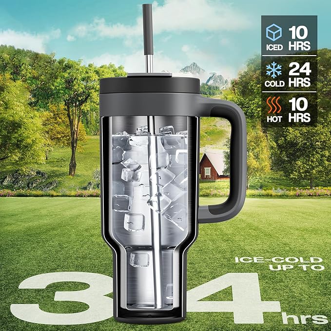 40 oz Tumbler with Handle, 2-in-1 Straw and Sip Lid, Leakproof, Dishwasher Safe, Insulated Stainless Steel Travel Coffee Mug, Keeps Cold for 34 Hours, Fits in Car Cup Holder (Midnight)