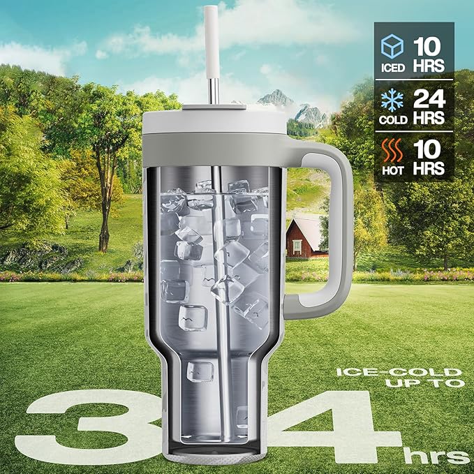 40 oz Camo Tumbler with Handle, 2-in-1 Straw and Sip Lid, Leakproof, Dishwasher Safe, Insulated Stainless Steel Travel Coffee Mug, Keeps Cold for 34 Hours, Car Cup Holder Fit (Clouded Aspen)