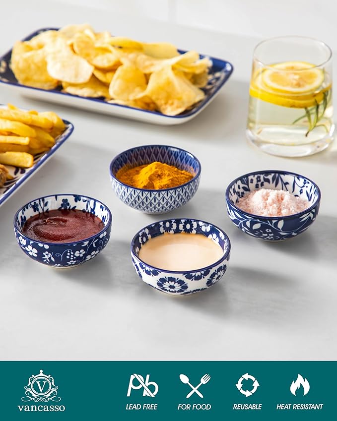 vancasso SELENE Ceramic 2.7 Oz Mini Dipping Bowls Set of 6, 3 Inch Small Dip Bowls for Sauce, Soy Sauce, Sushi, Condiments & Side Dishes, Microwave & Dishwasher Safe, Vintage Blue
