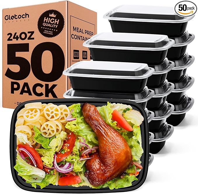 100-Piece (50-Pack) 24 OZ Meal Prep Containers Reusable with Lids, Sturdy Leakproof & Food Safe, Microwave, Freezer, Dishwasher Safe To Go Food Containers, Plastic Take Out Containers, Black