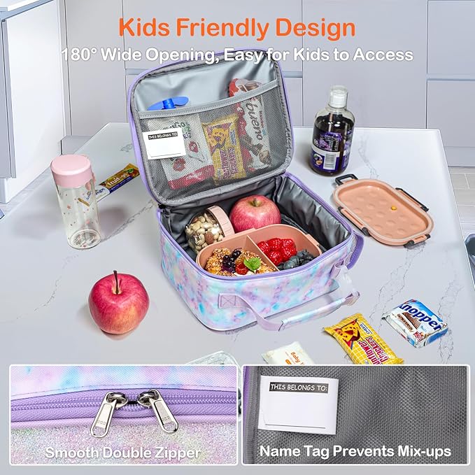 Bagseri Lunch Bag for Girls - Insulated Kids Lunch Bag with Water Bottle Holder Toddler Lunch Box Kids Lunch Cooler Tote for School Picnic, Glitter Purple Tie-dye (Water Bottle Not Included)