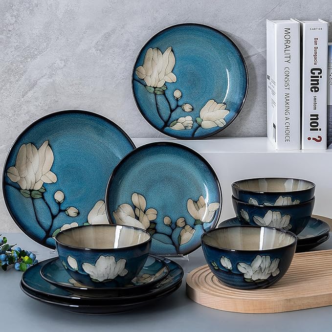 Dinnerware Set Blue Stoneware 12 Pieces Service for 4, Stoneware Plates and Bowls Set Highly Chip and Crack Resistant Stoneware Set, Dishwasher Microwave Safe Dishes set