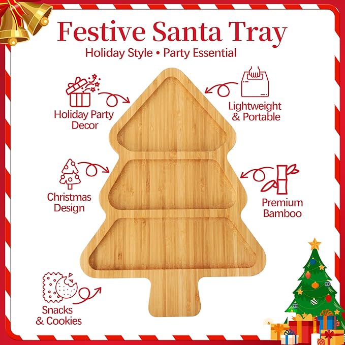 TJ POP Bamboo Christmas Tree Serving Tray, Divided Charcuterie Board with 3 Compartments, Table Decorations for Christmas Party